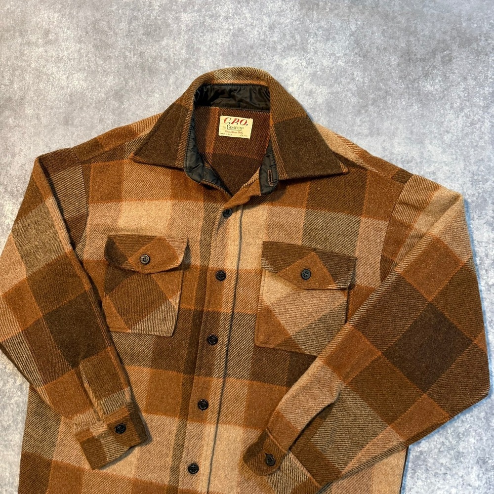 Vintage 60s 70s C.P.O. Campus Mens Brown Plaid Wool Blend Shirt Jacket L 16-16.5 - Picture 6 of 8